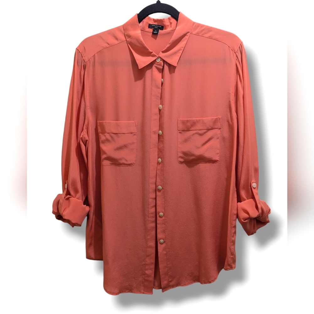 Anne Klein Peach Long Sleeve Roll Tab Pockets Button-Down Silk Collar Shirt- L - Picture 3 of 12